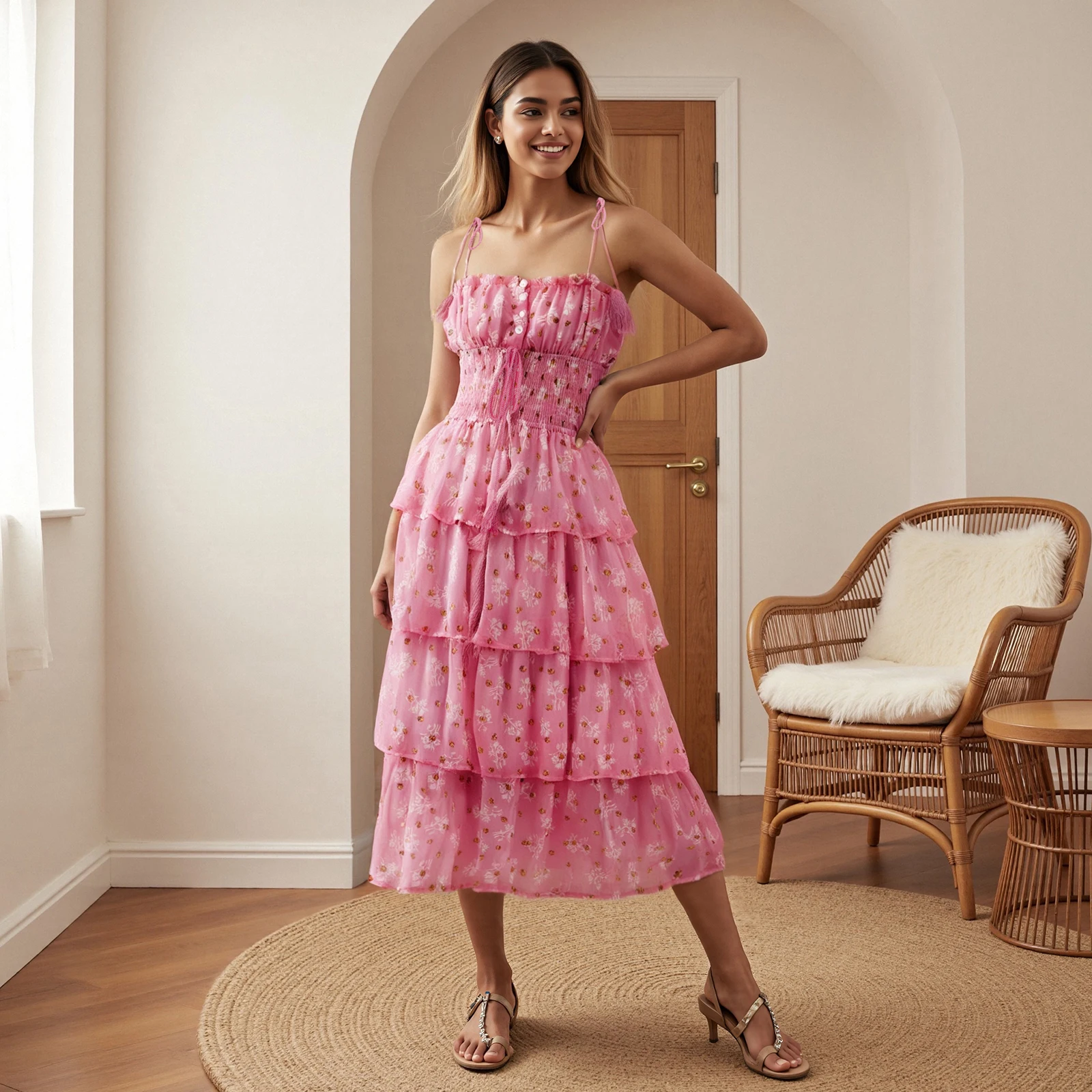 ใหม่แฟชั่นสตรียาวชุดสาย Daisy พิมพ์สปาเก็ตตี้สายคล้องคอฉัตรเค้กชุดขายร้อน S-XL