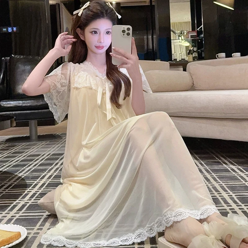 2026 Summer Short Sleeve Cotton Sexy Lace V-neck Lingerie Nightgowns for Women Cute Sleepwear Night Dress Nightdress Home Nighty 2