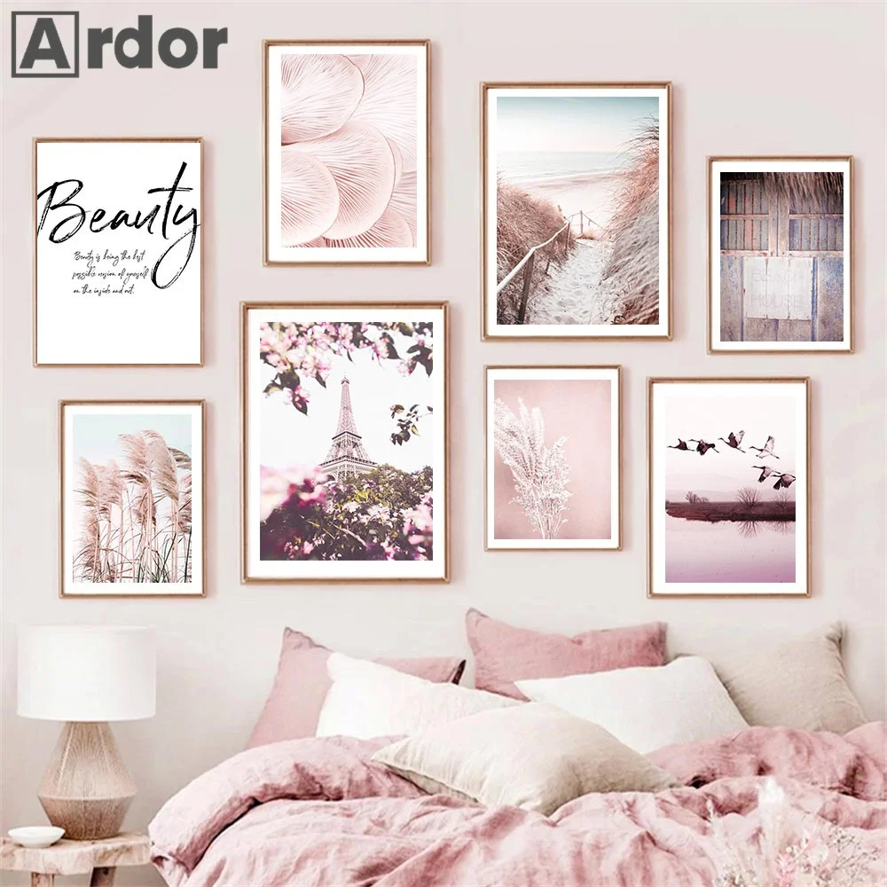 Pink Flower Paris Tower Sea Beach Reed Grass Poster Vintage Art Canvas Painting Nordic Prints Pictures Living Room Home Decor view 4