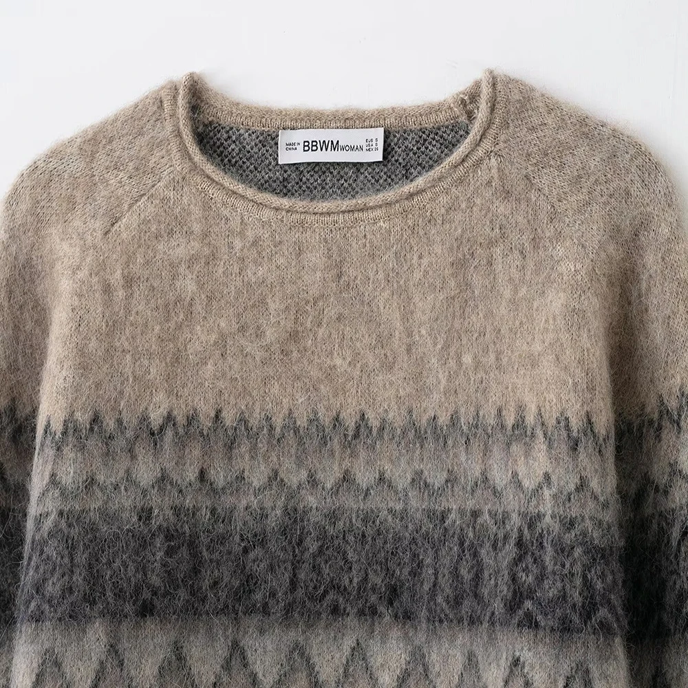 Horizontal Pattern Soft Brown Long Sleeve Pullover Loose Casual Round Neck Top Minimalist Style Women Sweater Daily Commute Wear