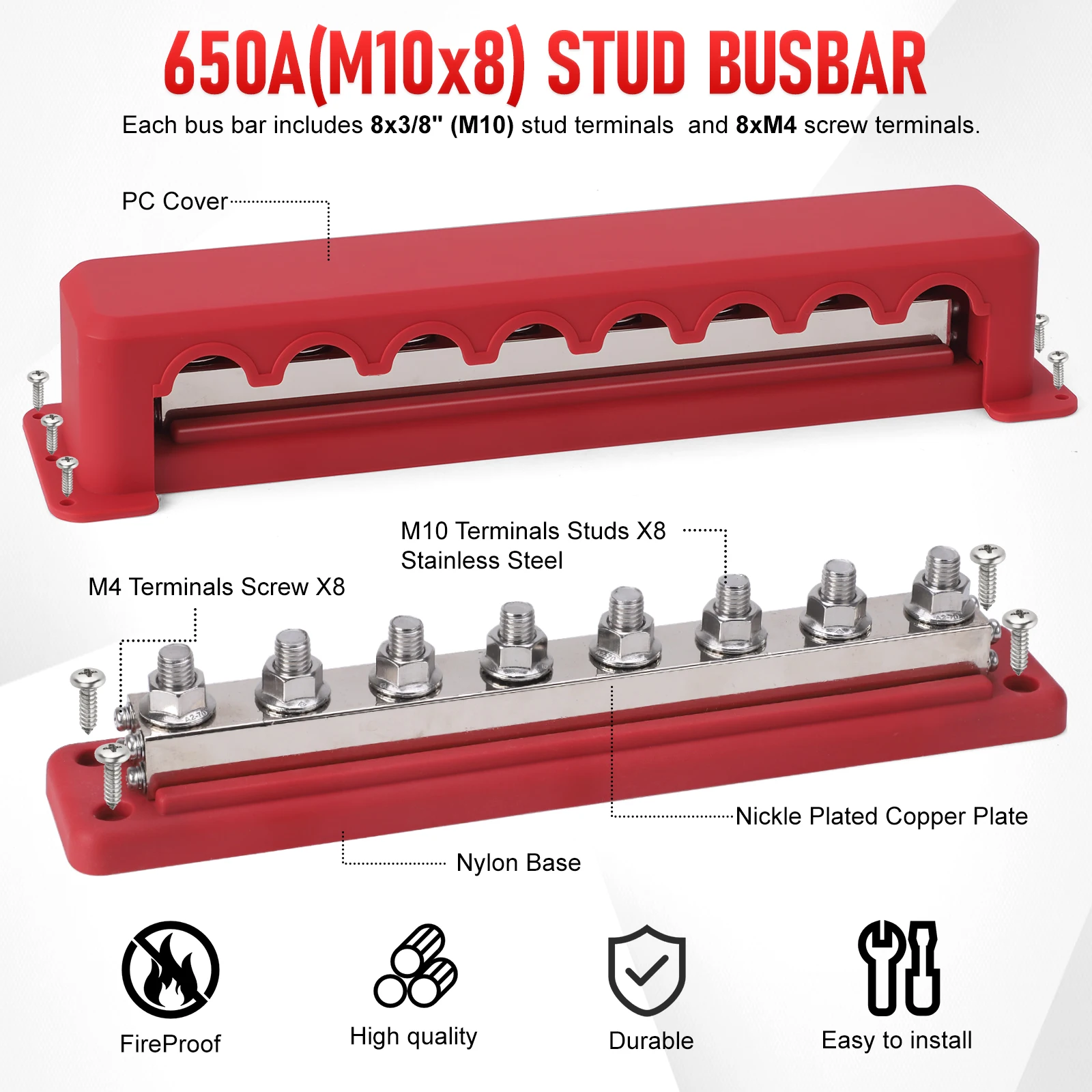 600AHeavy-Duty Bus Bar النيكل مطلي النحاس توزيع كتل طرفية 8 Post توزيع الطاقة كتلة M10 مع غطاء الثقيلة #5