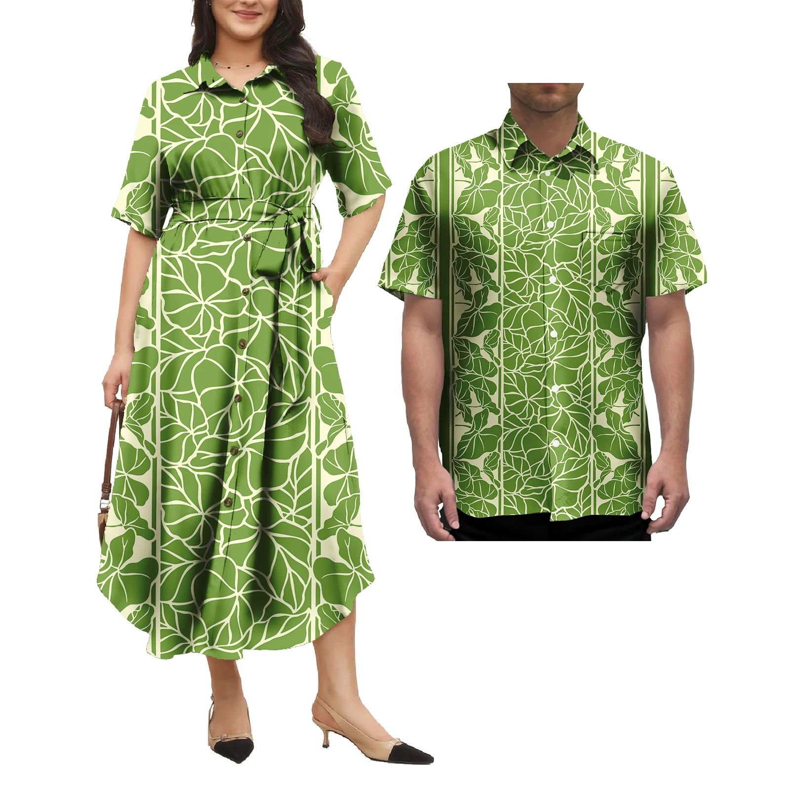 Tapa Polynesian Tribal Design Strandkleid Passende Herren Hawaiihemden Traditionelle Kleidung Langes Kleid Paarkleidung 2tlg