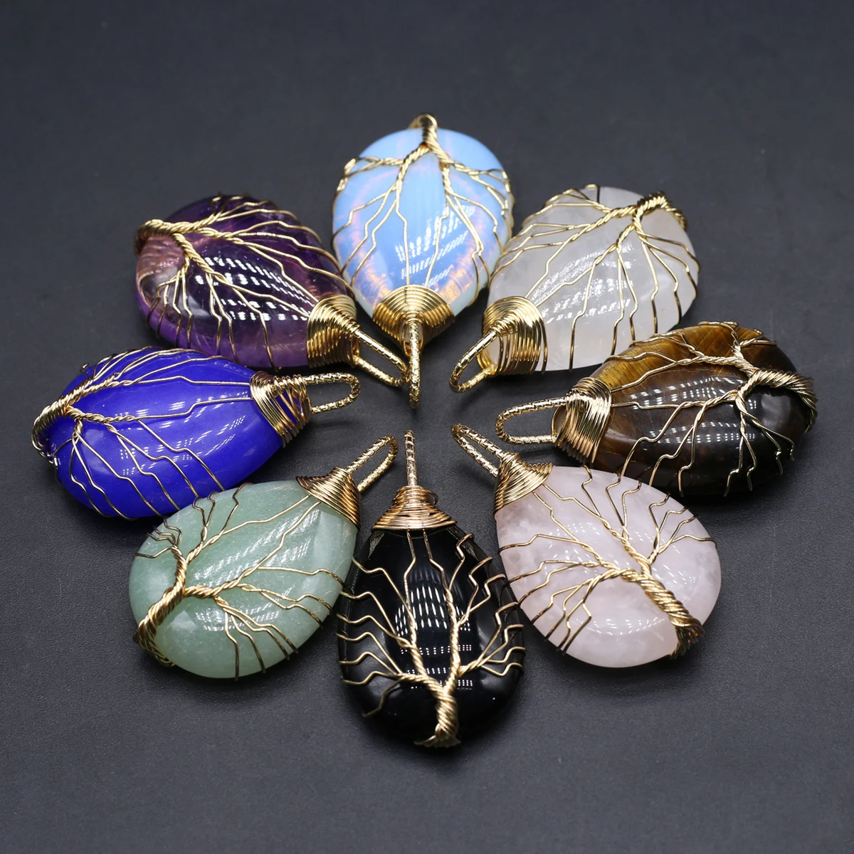 1pc 45x25mm Teardrop Tree of Life Pendant Mix-color Natural Stone Crystal Agate Charms for Jewelry Making DIY Necklace Accessory