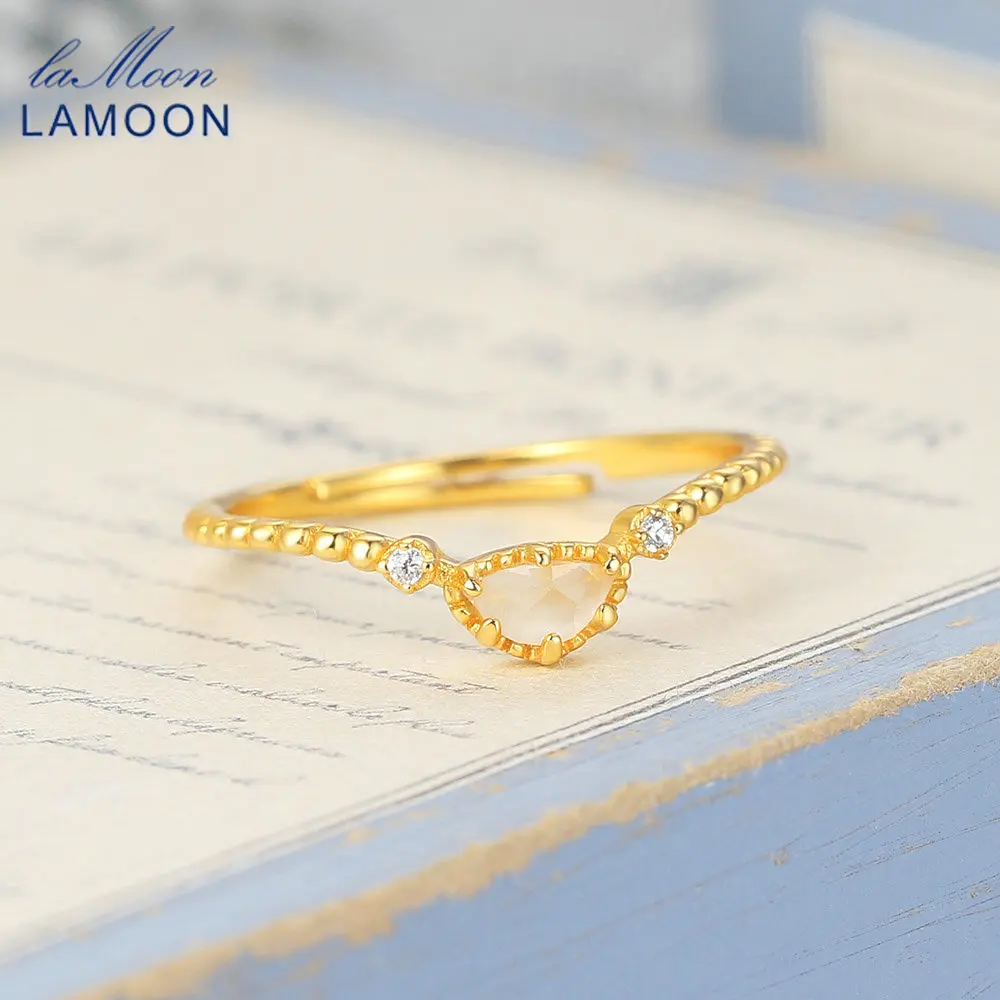 LAMOON 925 Silver Ring For Women Totem Vintage Bijou Ring Natural Moonstone Gemstone 14K Gold Plated Rings Fine Jewelry LMRI116