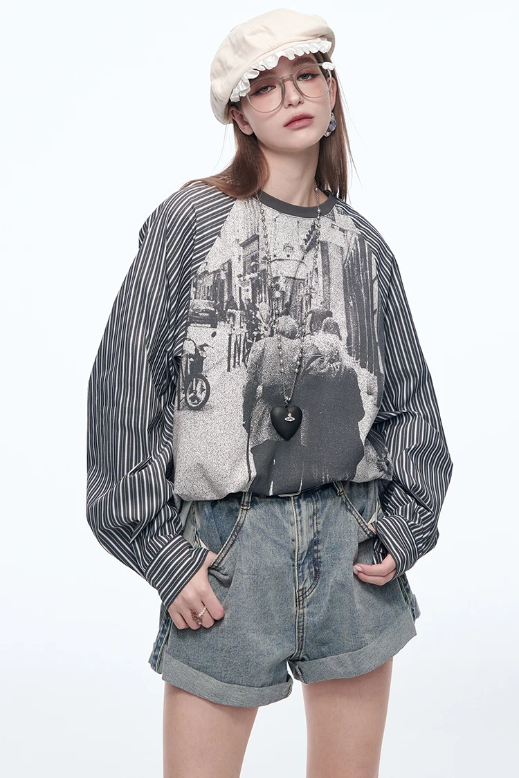 ELFSACK Fitted Graphic Long Sleeve Tee Women, Raglan Striped Sleeve All-Over Print T-Shirt, Retro Y2K Streetwear Top