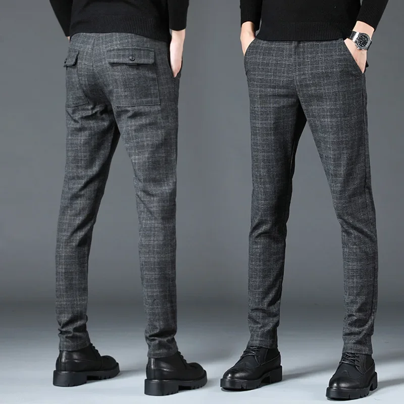 Autumn And Winter New Casual Pants Men's Slim Fit Small Straight Tube Men's Long Pants Plaid Thick Fashion Trendy Men's Pants