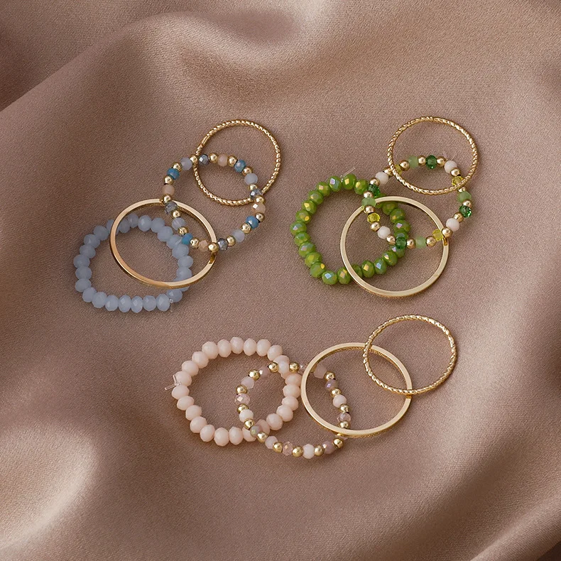 Ring Set 4 Pieces Colorful Crystal Bead Stackable Vintage Adjustable Band for Women Daily Classic Elegant Lightweight Durable