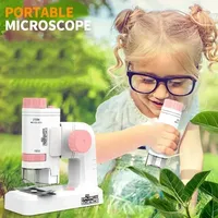 60-200X Children Microscope Pocket Microscope with LED Light Portable Electric Outdoor Mini High Definition Science Microscope