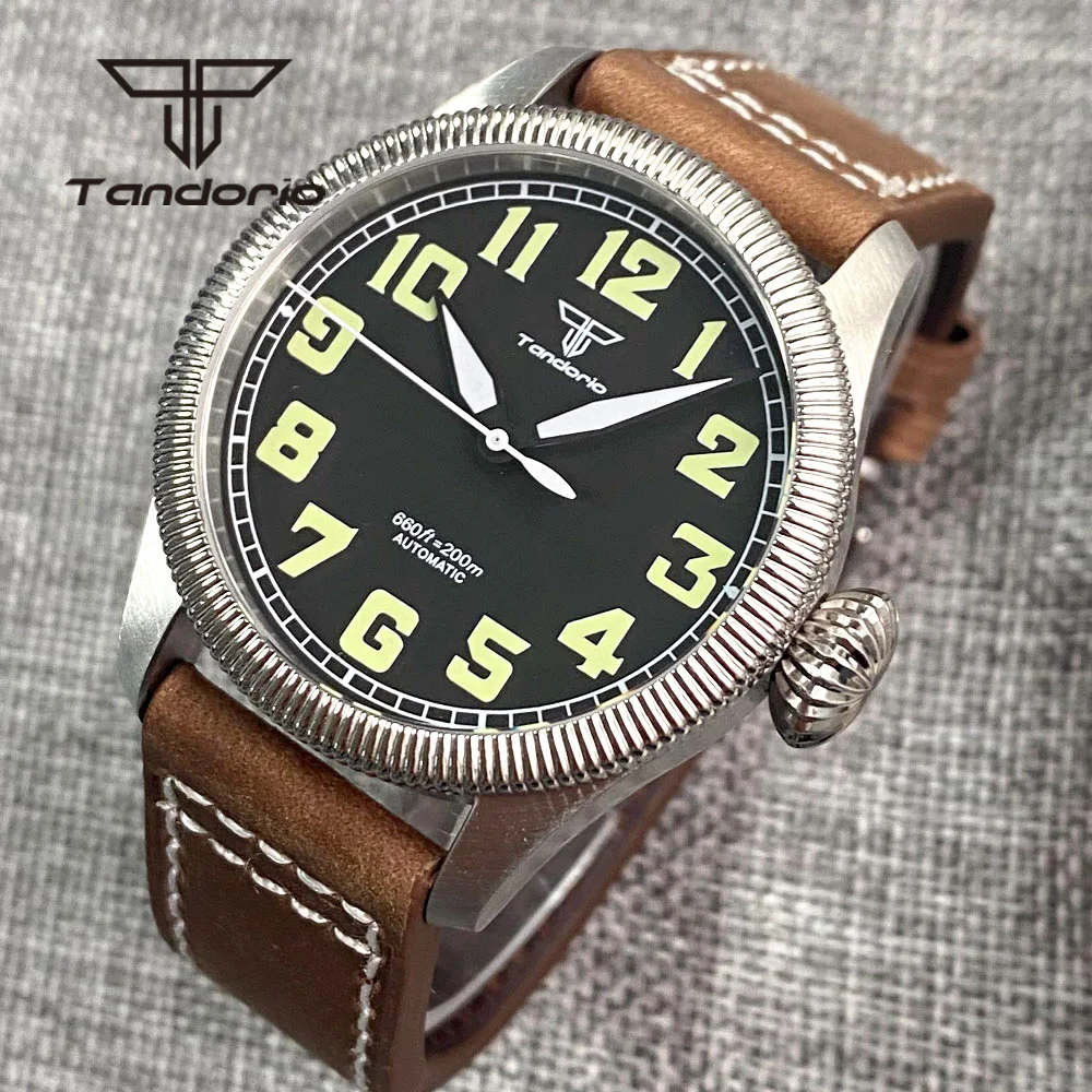 Tandorio 39mm 200M Dive Automatic Pilot Watch for Men Fluted Bezel Big Crown Green Marks NH35A PT5000 Sapphire Leather Luminous