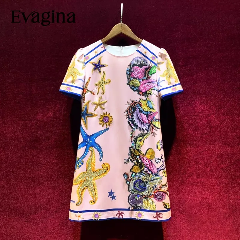 Evagina New Fashion Print Nail Bead Diamond Inlay Mini dress Spring Summer Women's Short Sleeved Holiday Dresses