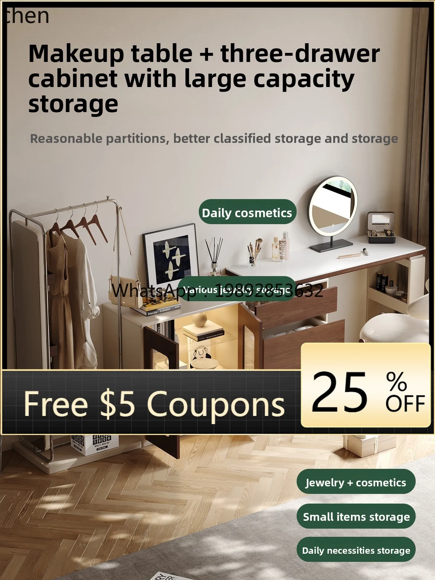 

AB Solid Wood Dressing Table and Chest of Drawers Integrated Small Apartment Bedroom Bedside Storage