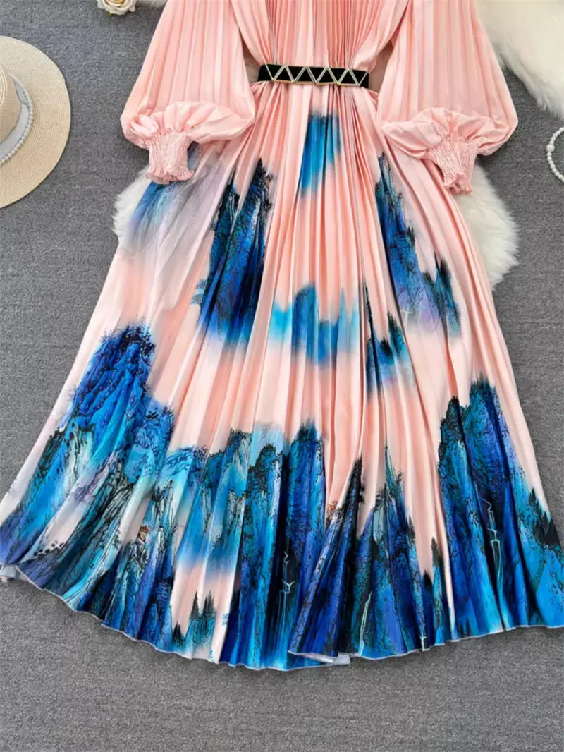 Frühling Herbst Kleid Promi Eleganz Laterne Langarm Rundhals ausschnitt Taille schlank eine Linie Position ierung gedruckt Falten Kleid k281