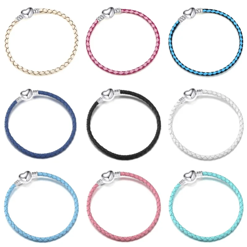 Pulsera de pareja de amor de Color plateado, cadena básica de cuerda de cuero para niños y niñas de un solo bucle para pulseras de Navidad Pandora, regalos