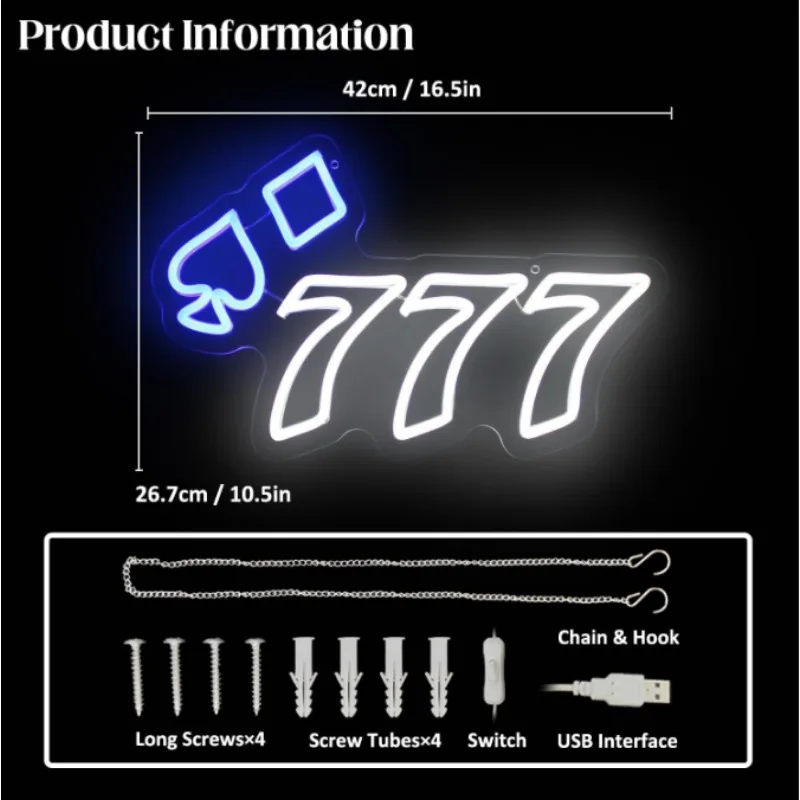 777 벽 장식 포커 네온 사인 천사 숫자 조명, 흰색 파란색 스페이드 LED, 행운의 7 침실 남자 동굴 카지노 클럽 파티