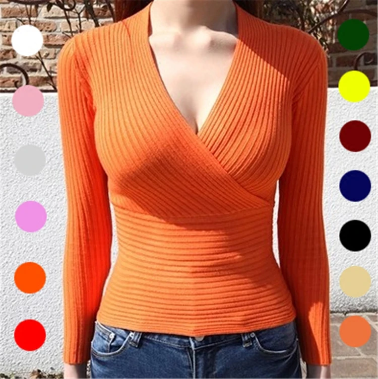 Women Sexy V-neck Knit Full Sleeve Stretchy Pullovers Sweaters Girls Knitted Solid Knitwear Sweater Top For Female