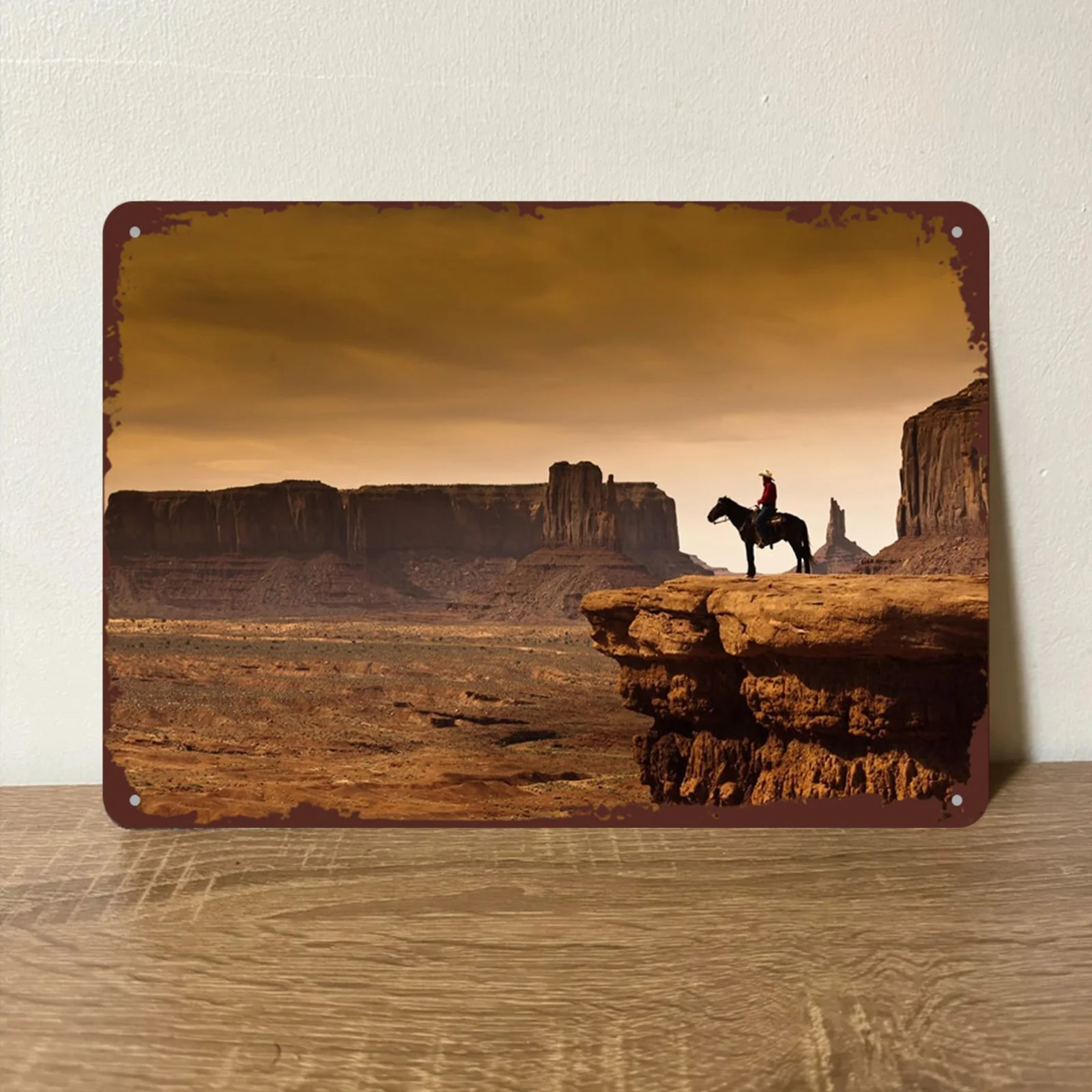 2D plane, western cowboy in the rural west and Indian mountain scenery metal sign - 8X12 inches home wall art decoration