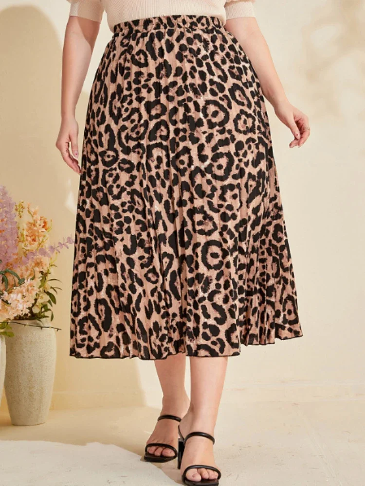 Leopard Printed Skirts for Women High Waist A Line Mid-calf Vintage Elegant Beautiful Club Evening Causal Party Plus Size Outfit