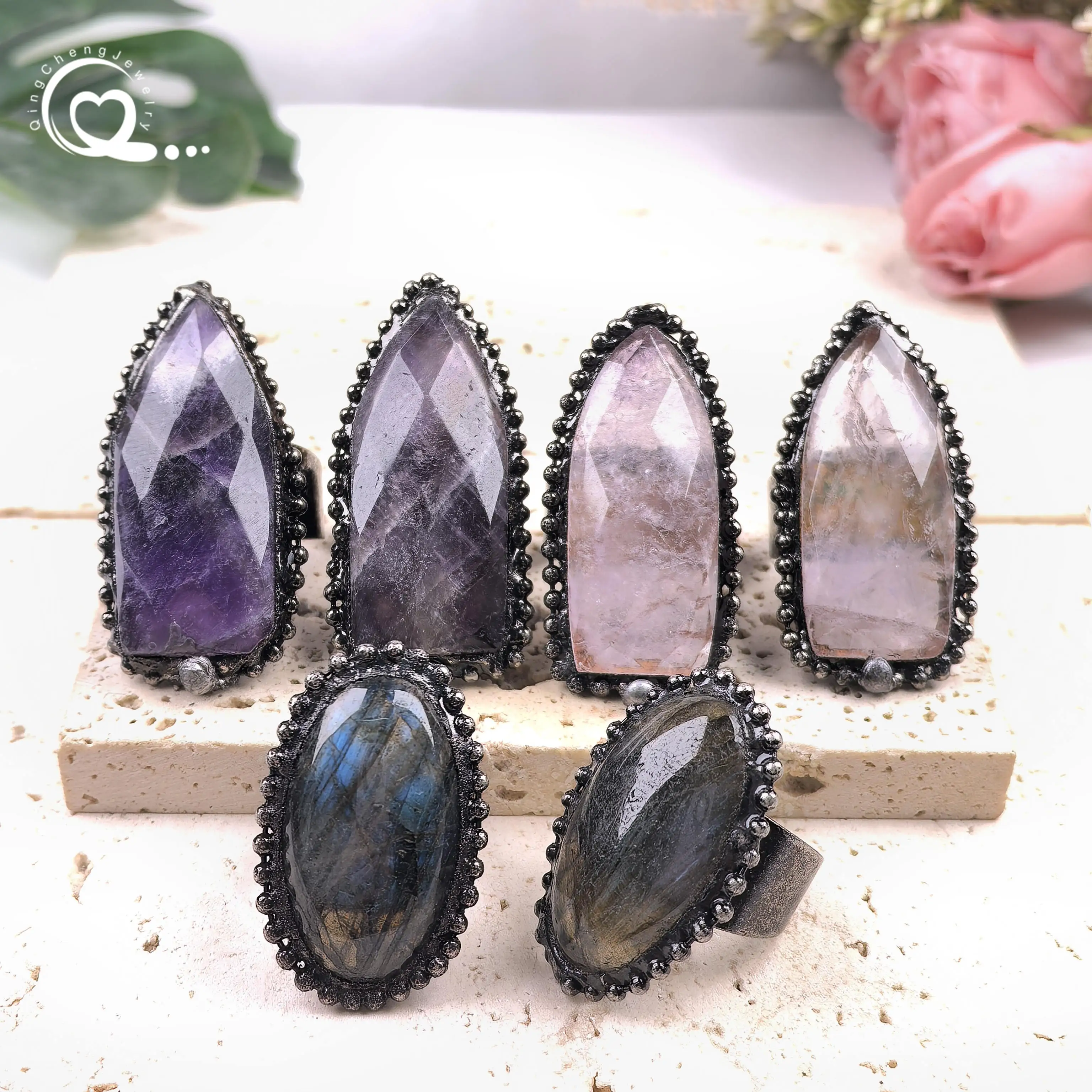 

Natural Labradorite Open Rings Antique Silver Amethyst Rose Quartz Adjustable Finger Ring Women Men Fashion Retro Jewelry QC4245