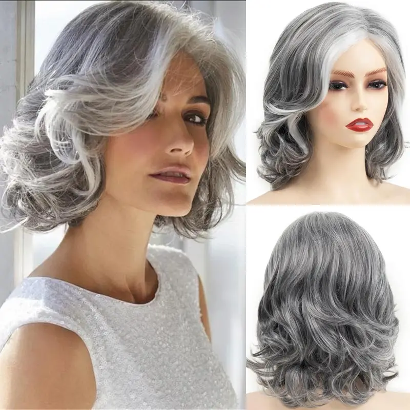 Women\'s Fashion Wigs Grey Big Curly Wigs Natural Loose Wave Short Synthetic Bob Hair Cosplay Party Silver White Mommy Wigs