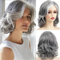 Peruca feminina grande e encaracolada, onda solta natural, cabelo sintético curto, branco prateado, perucas da mamãe, cinza, moda Cosplay Festa