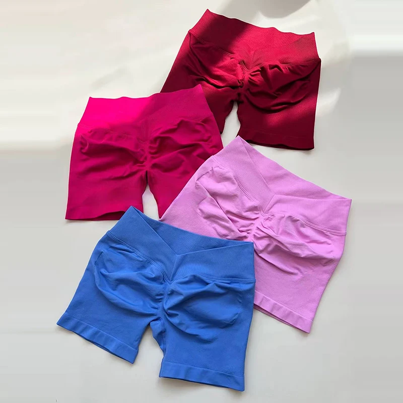 Damskie szorty sportowe do jogi z wysokim stanem, letnie, z dekoltem w kształcie litery V, modelujące pośladki, obcisłe, trzyczęściowe szorty fitness.