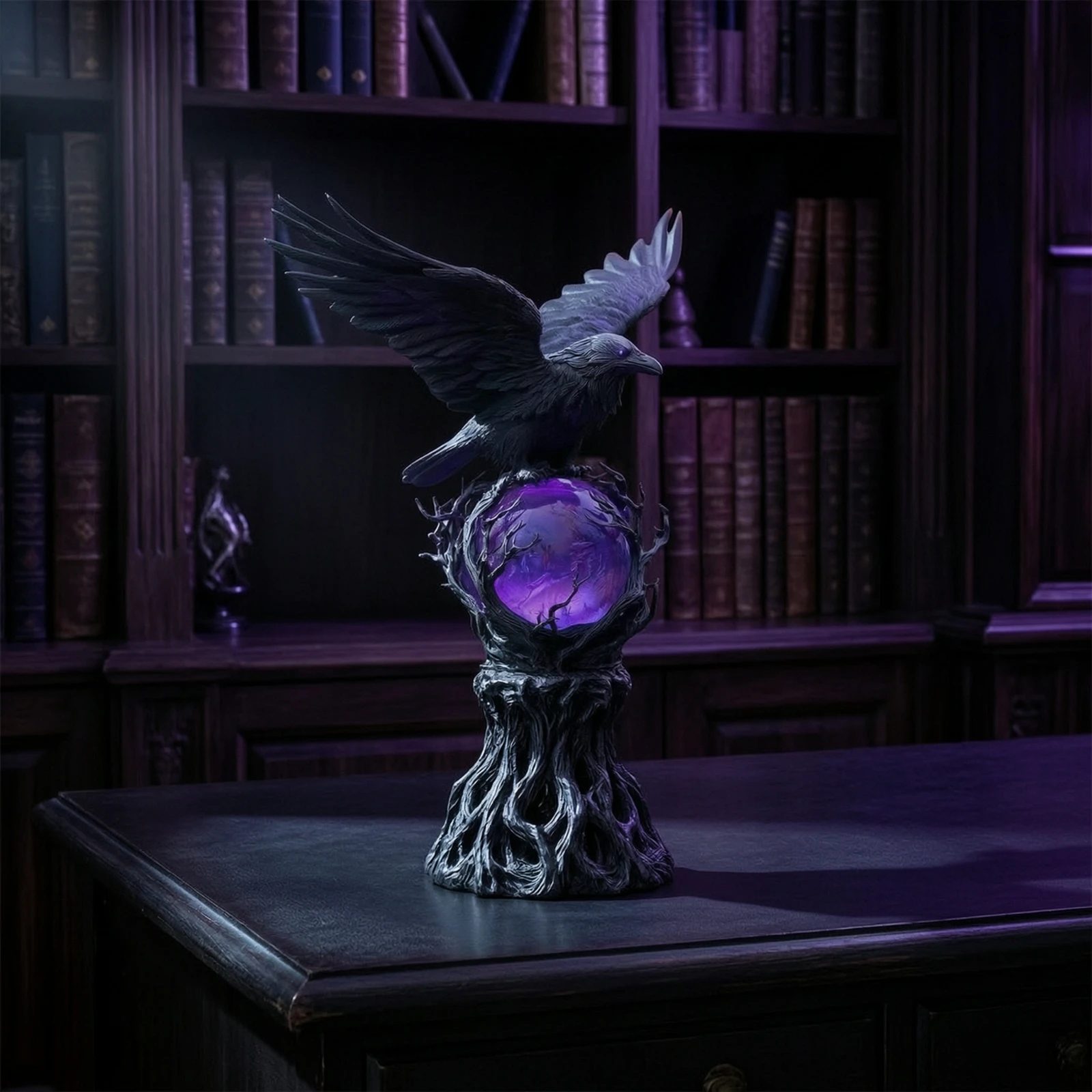 Crow Figurine with Light USB-Powered Crow Lamp Gothic Night Light LED Resin for Goths, Bedroom, Desk view 5