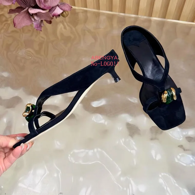 2026 Summer New Suede Slippers Women Square Toe Mules High Heel Dress Beach Shoes Designer Fashion Party Banquet Shoes For Women