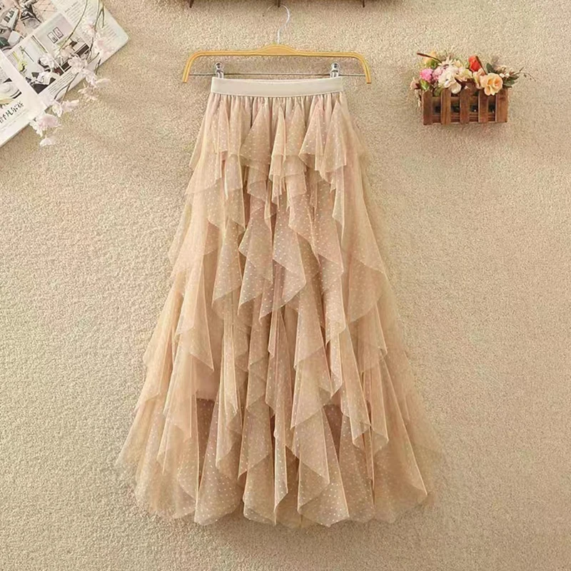 

Waist Fairy Long A-line Tutu Skirt For All Season Women Polka Dot Tulle Cake Mesh Skirt Elegant Elastic