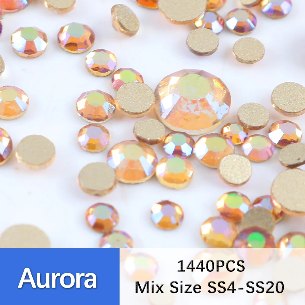 SS4-SS20 1400Pcs Mix Size Crystal Gold FlatBack Rhinestones Decorations Nails Gems Jewels Rhinestone 3D Nail Art Stone