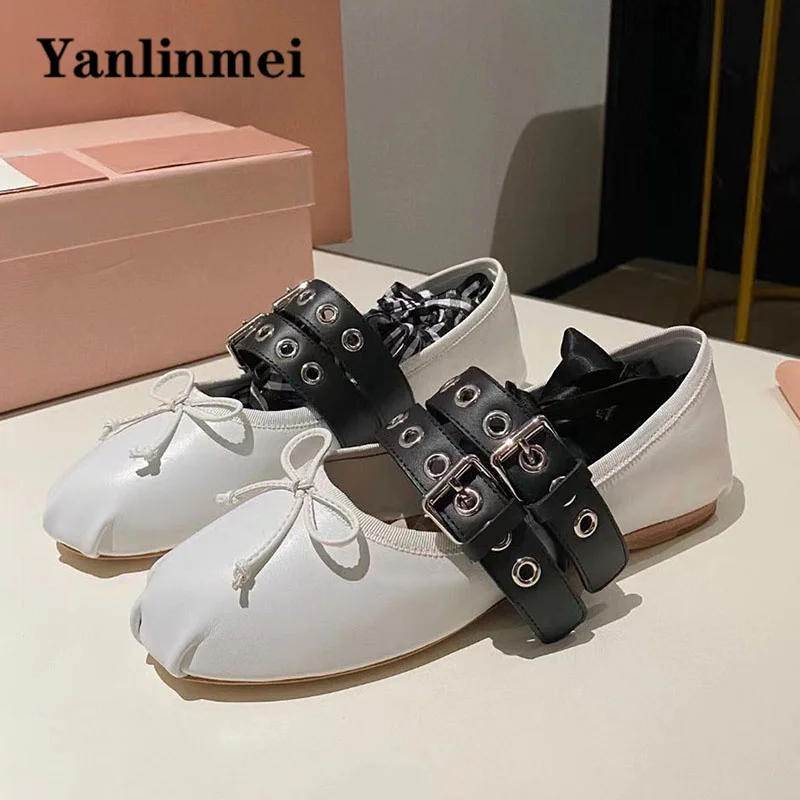 New Runway Ballet Shoes Women Round Toe Buckle Strap Loafers Female Genuine Leather Ankle Cross Lace Up Comfort Flat Shoes Woman