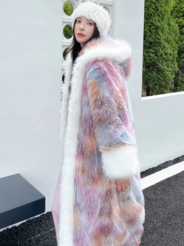 DEAT Fashion Tie Dye Pink Faux Fur Coat Women\'s Hooded Loose Long Sleeve Thick Plush Overcoat Winter 2024 New Tide 7AB6313