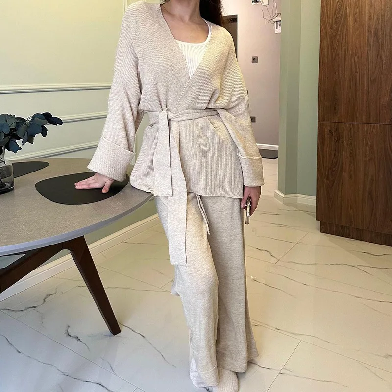 

Women's Two-piece Sets Casual Solid Loose Home Nightgown Tie Details Tops and Drawstring Wide Leg Pant Pajamas Suit Autumn 2024