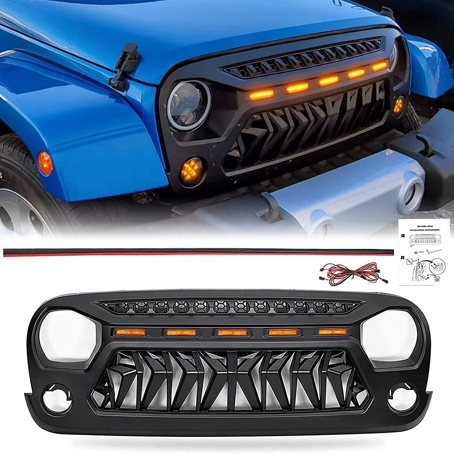Grill for Jeep Wrangler JK Accessories 2007-2017 Matte Black Angry Face Grill with 5 Amber Lights for Jeep Rubicon Sahara Sport