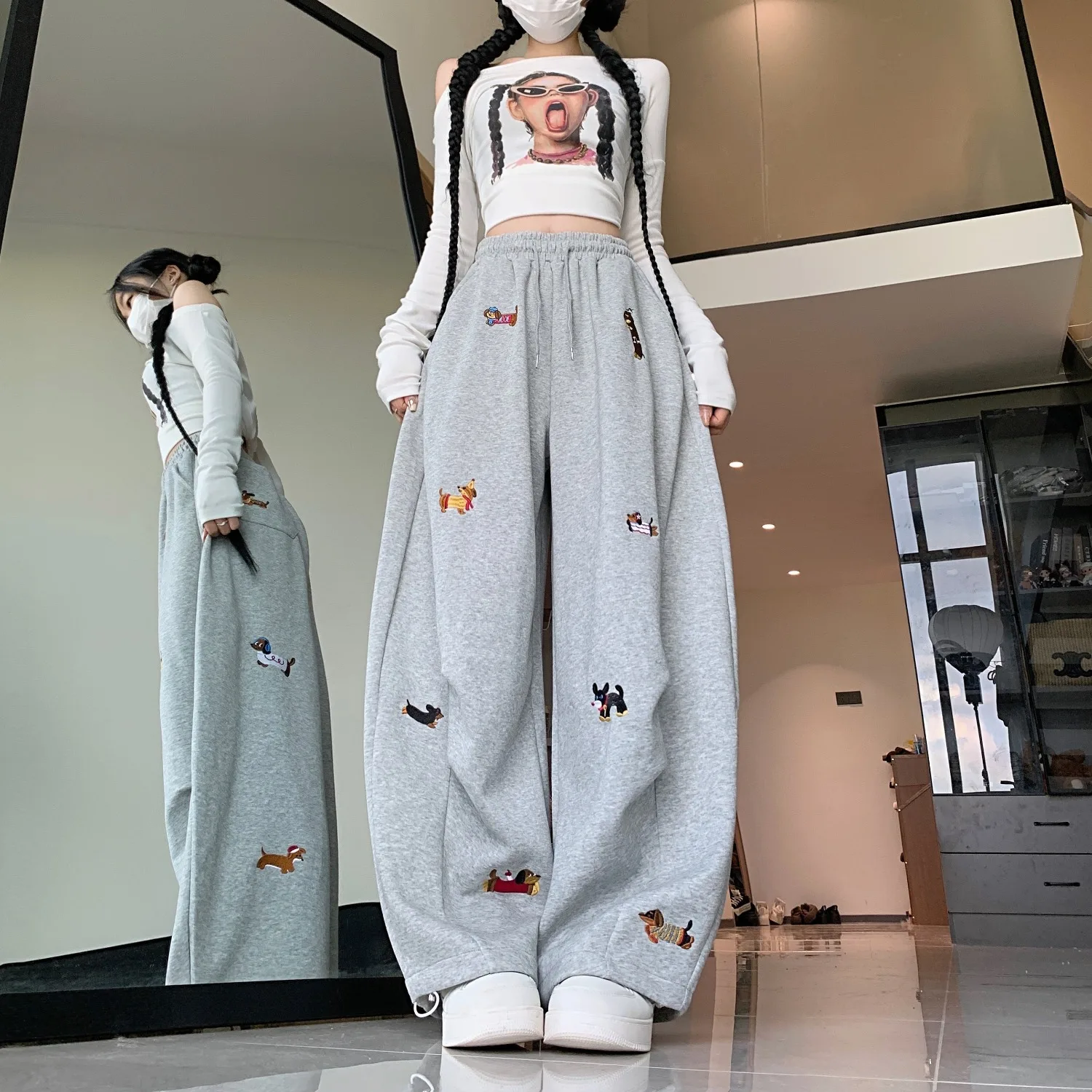 American Retro Cartoon Embroidery Wide Leg Pants Women's Spring Autumn Loose Straight Casual Sports Long Trousers