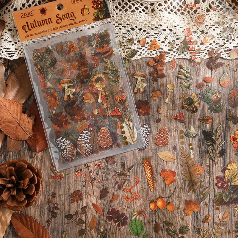 8 pcs Vintage autumn forest theme waterproof PET hand tent sticker bag diy material paper stickers Junk Journal Supplies