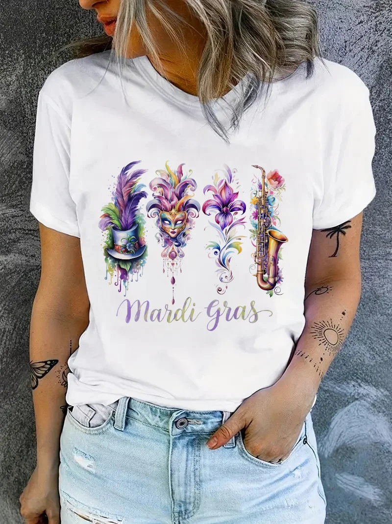 Camiseta con estampado de acuarela para mujer, ropa informal de manga corta con cuello redondo, estampado de acuarela, tendencia urbana de los años 90