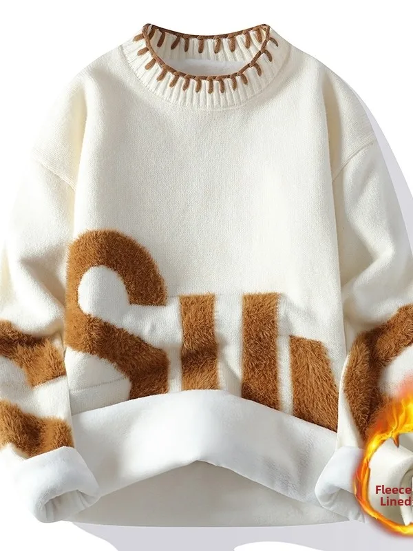 

Trendy Lettered Fce Lined Knitwear round Ne Loose Fit Men's Sweater Youthful Warm Winter Thiened Knitted irt