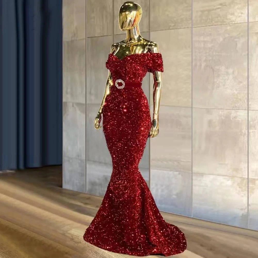 Robe de Bal de Forme Sirène à Paillettes Rouges Personnalisées, Col en V, Ceinture de Soirée Élégante, pour Femme