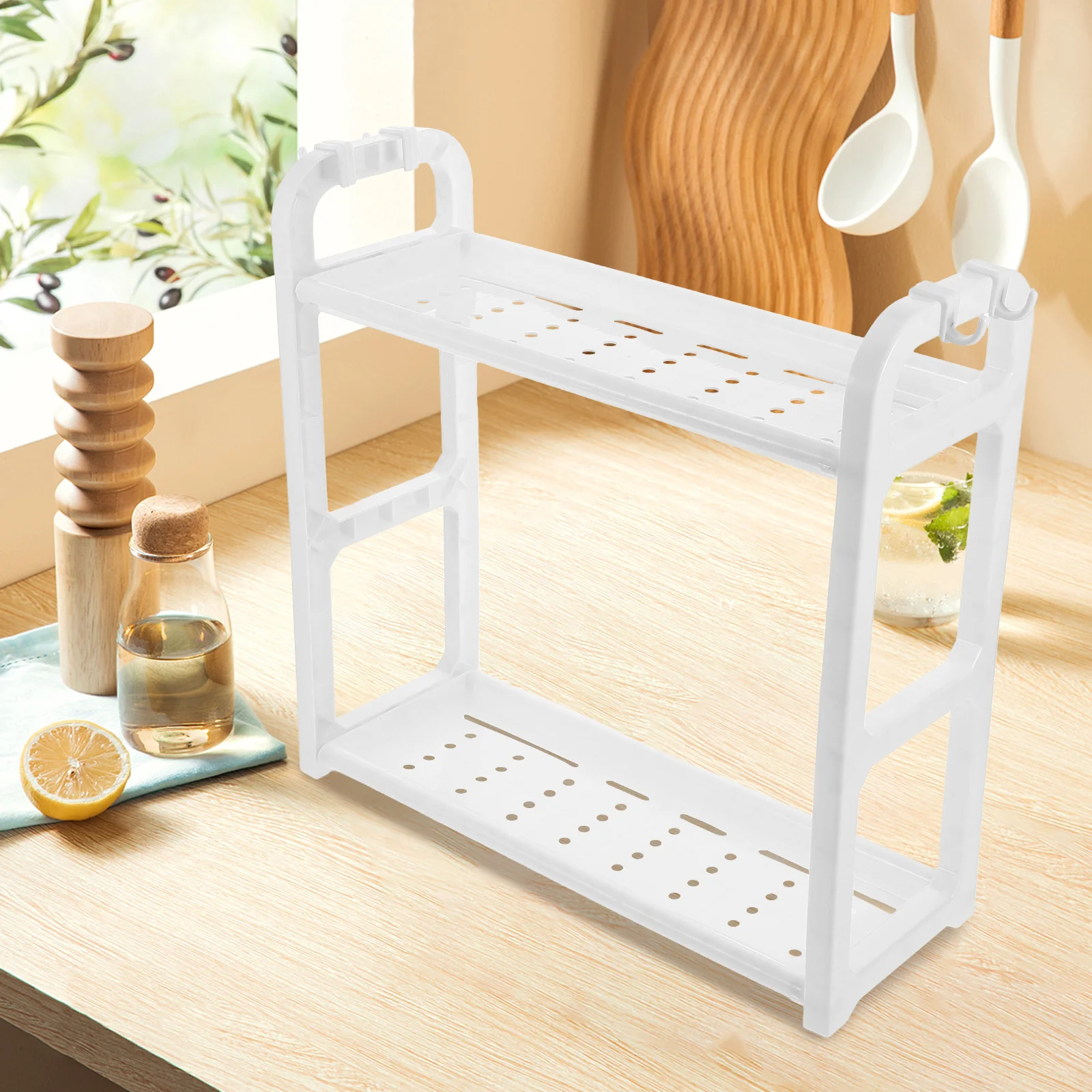 

2-Tier Double Layer Kitchen Bathroom Countertop Rack Storage Shelf Organizer Hooks Tabletop Rack Countertop Shelf