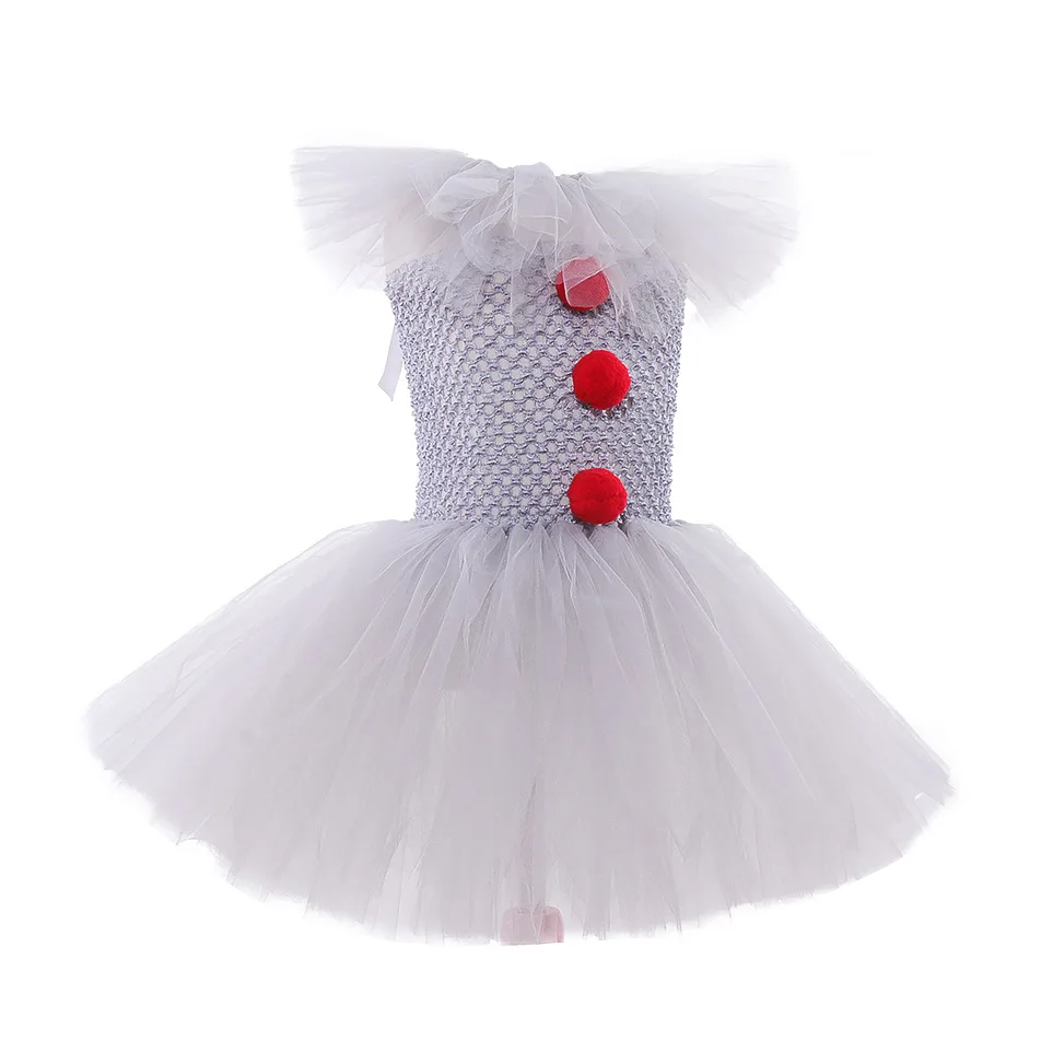 Halloween Girls Pennywise Tutu Dress Kids Scary Gray Clown Cosplay Costume Girl Performance Dress Up Masquerade Party Clothing