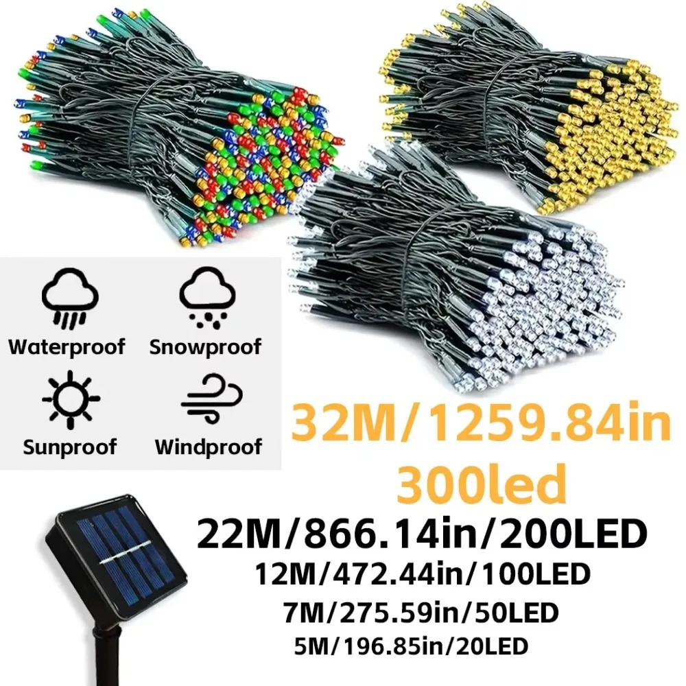 Solar Powered LED String Lights Waterproof Snowproof 32M/22M/12M/7M/5M 300/200/100/50/20LED for Garden Christmas Tree Decor