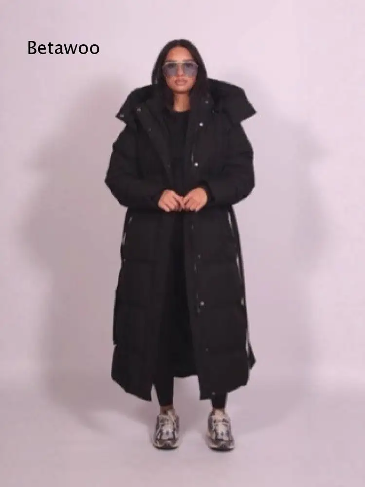 Women Long Hooded Padded Coat Solid Color Long Sleeve Belted Full Zip Outerwear For Cold Winter Daily And Outdoor Activities