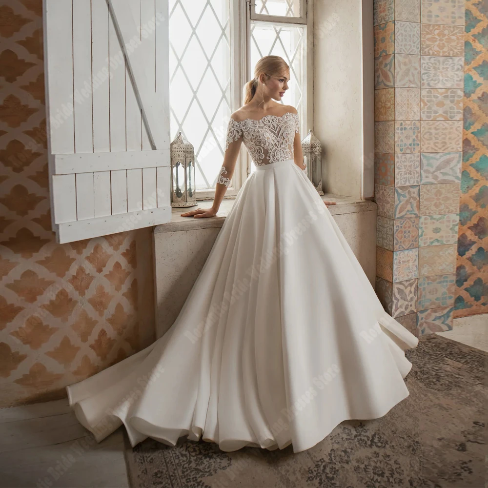 

Elegant A-Line Satin Women Wedding Dresses Off The Shoulder Bridal Gowns Party Mopping Length Vestidos De Novia Customized 2026