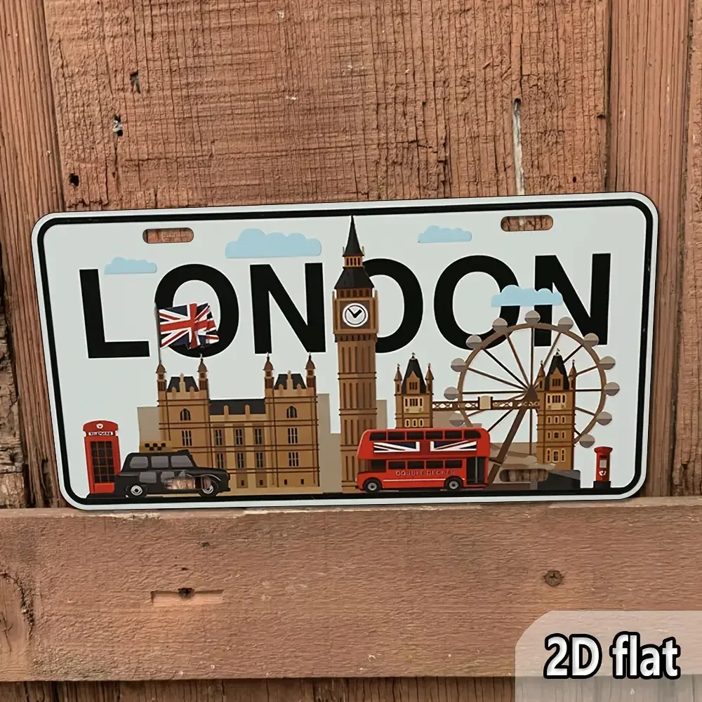 Cartoon 2D Flat Metal Sign, London Landmark Iron Painting 15x30cm, Big Ben Bus Ferris Wheel Wall Plaque for Home Cafe Travel Dec