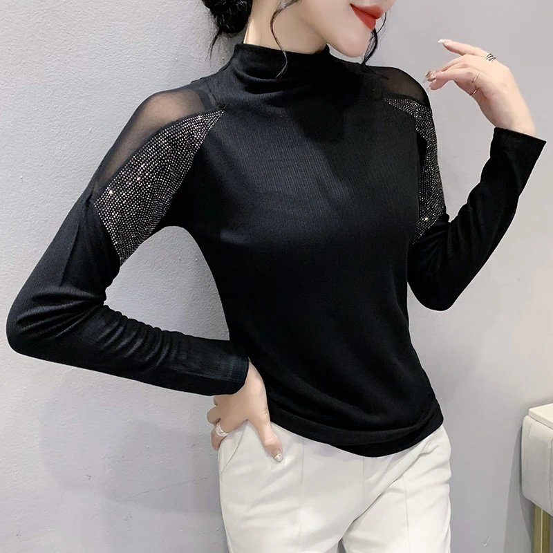 Autumn Winter bottoming shirt New Turtlenecks Long-sleeved diamond top Fashion Sexy Women Black T shirt