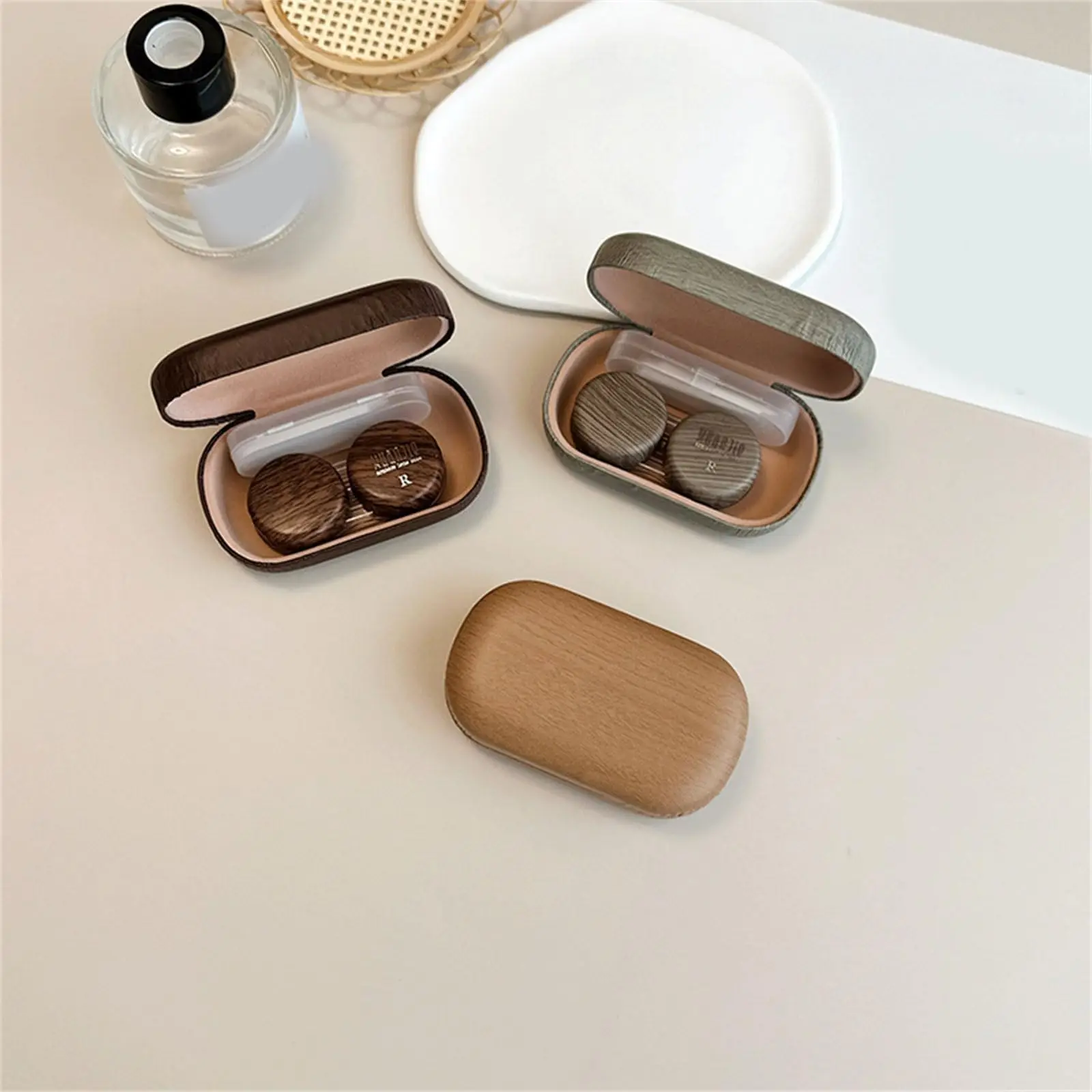 Portable Leather Contact Lens Case Set Wood Grain Flip Cover Lens Storage Box With Application Tools For Daily Travel