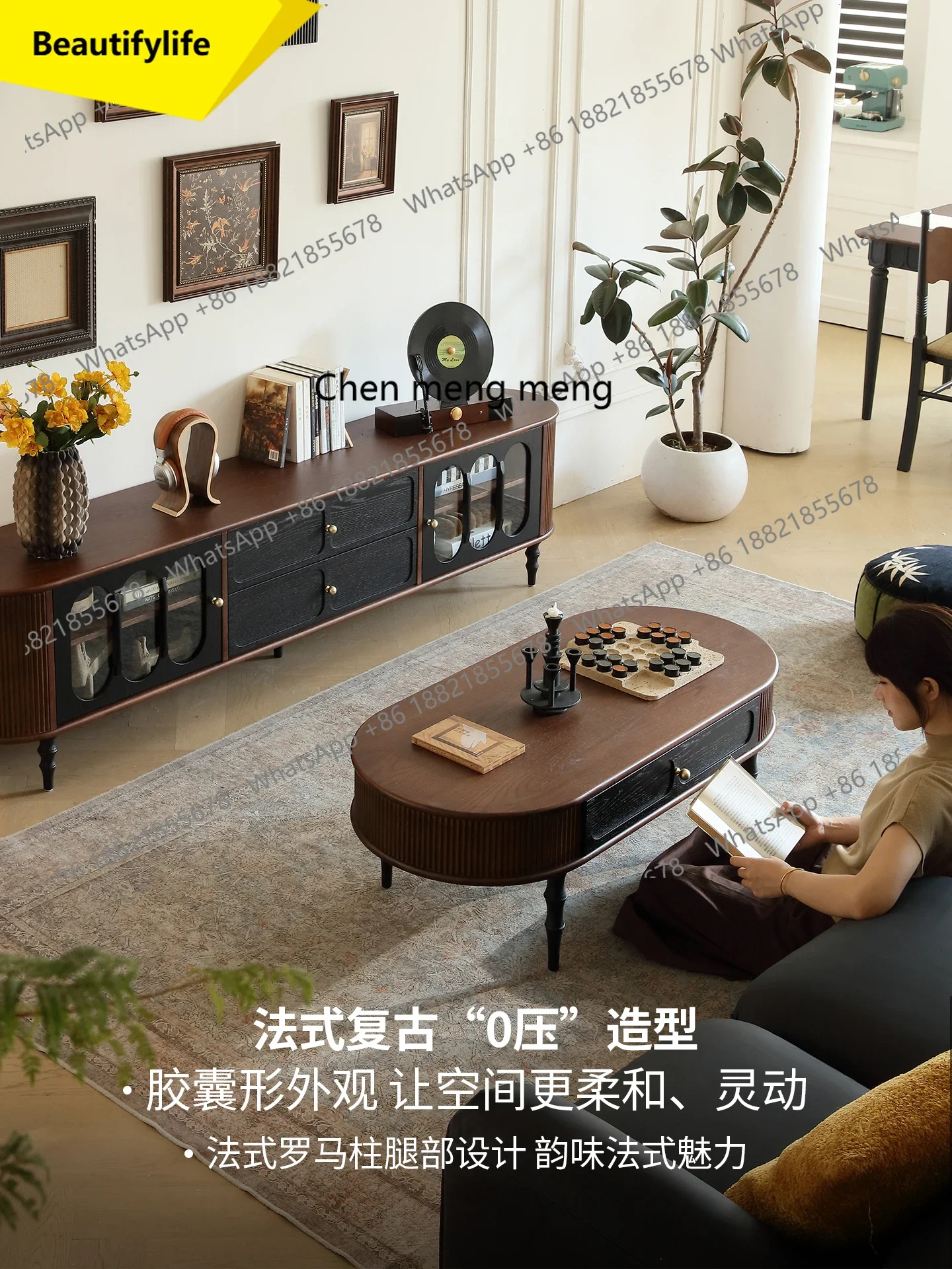 

Q181 French retro solid wood coffee table oval home living room coffee table American medieval furniture