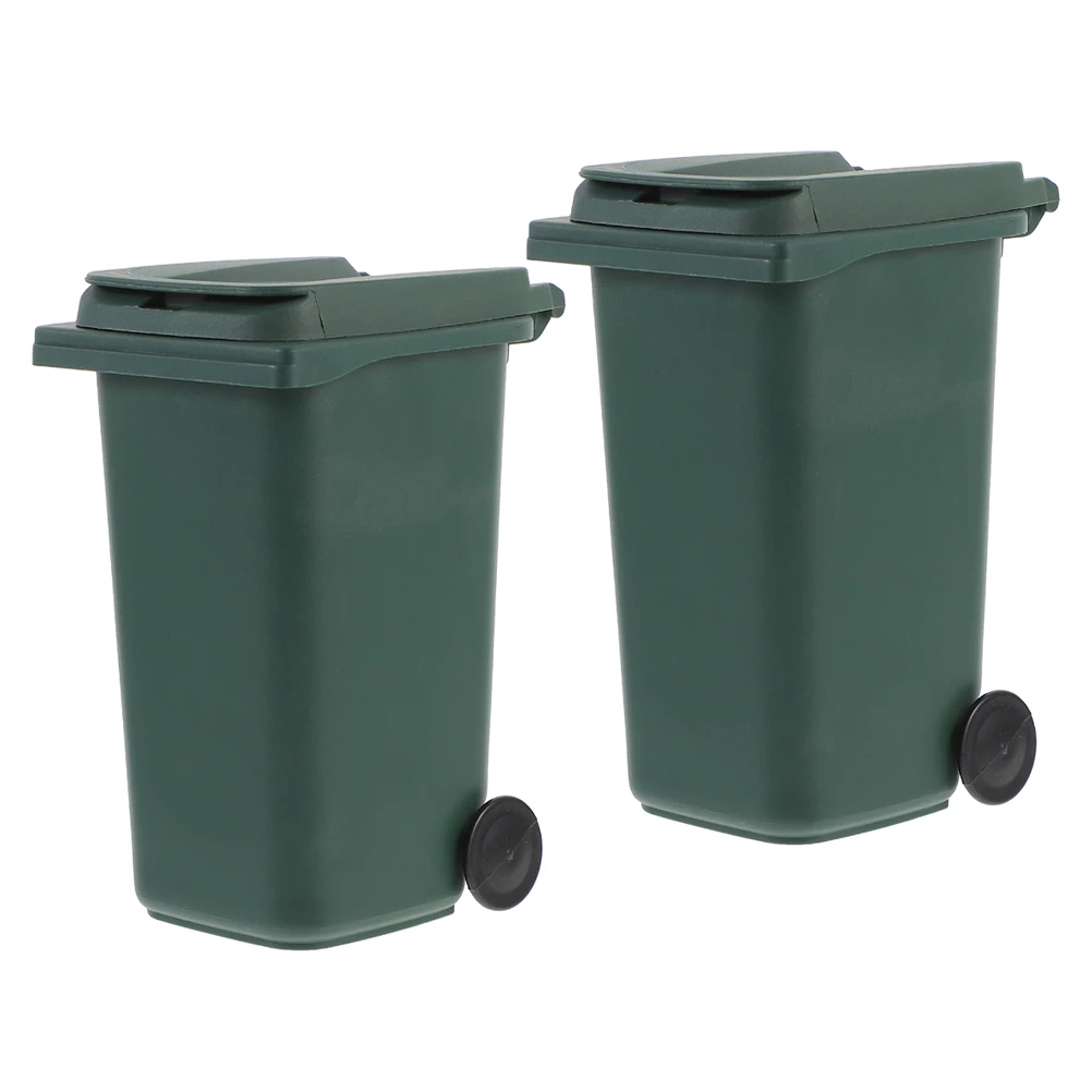 

2pcs Plastic Mini Trash Green Desk Office Garbage Bucket Small Waste Bin Lid Compact Tabletop Holder Storage