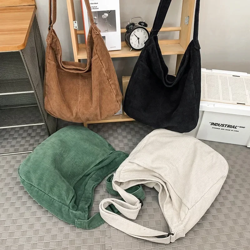 Japan Style Corduroy Wear Resistant Crossbody Bag Unisex Normcore Solid Colour Shoulder Bag College Student Couple Tote Bag
