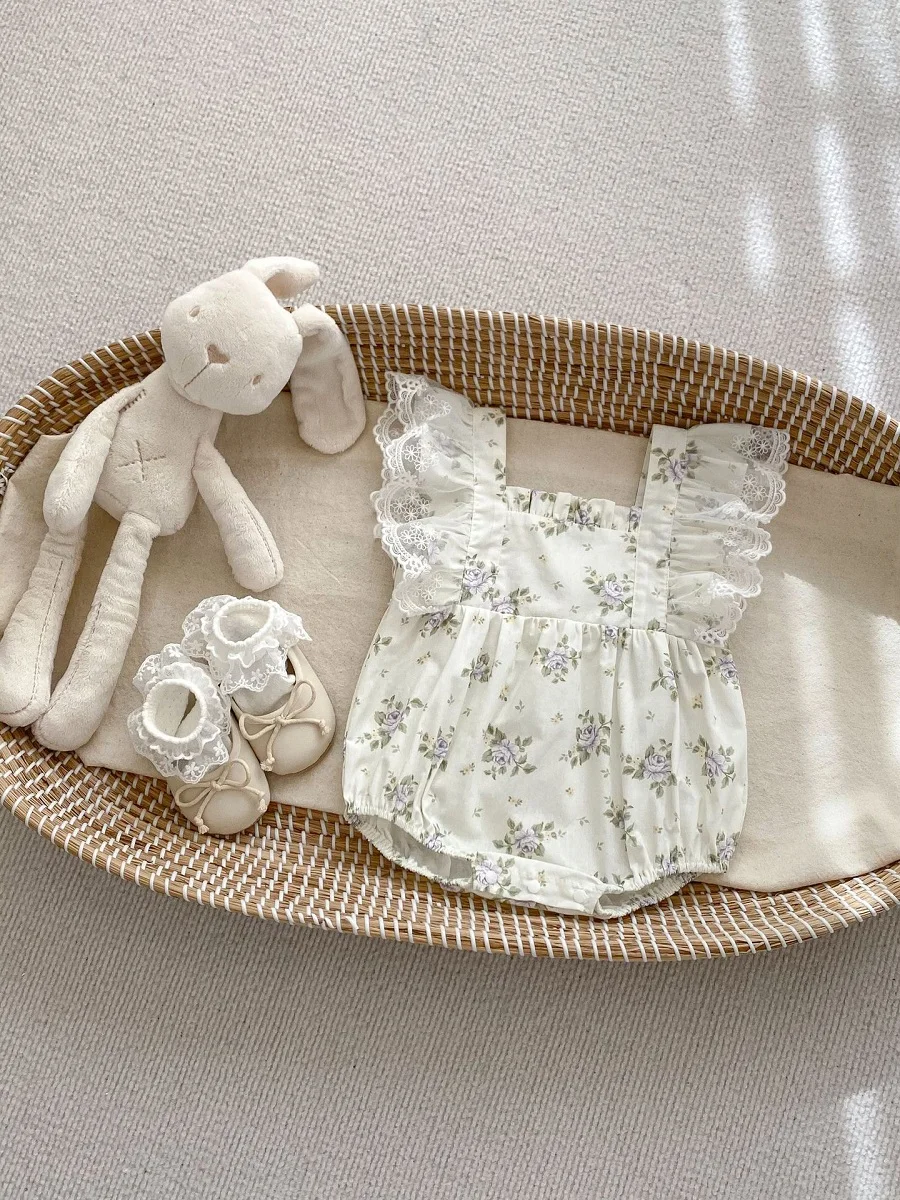 Summer Baby Girl Flower Romper 0-2Years Newborn Princess Lace Fly Sleeve Square Collar Cotton Bodysuit One-Pieces Clothes